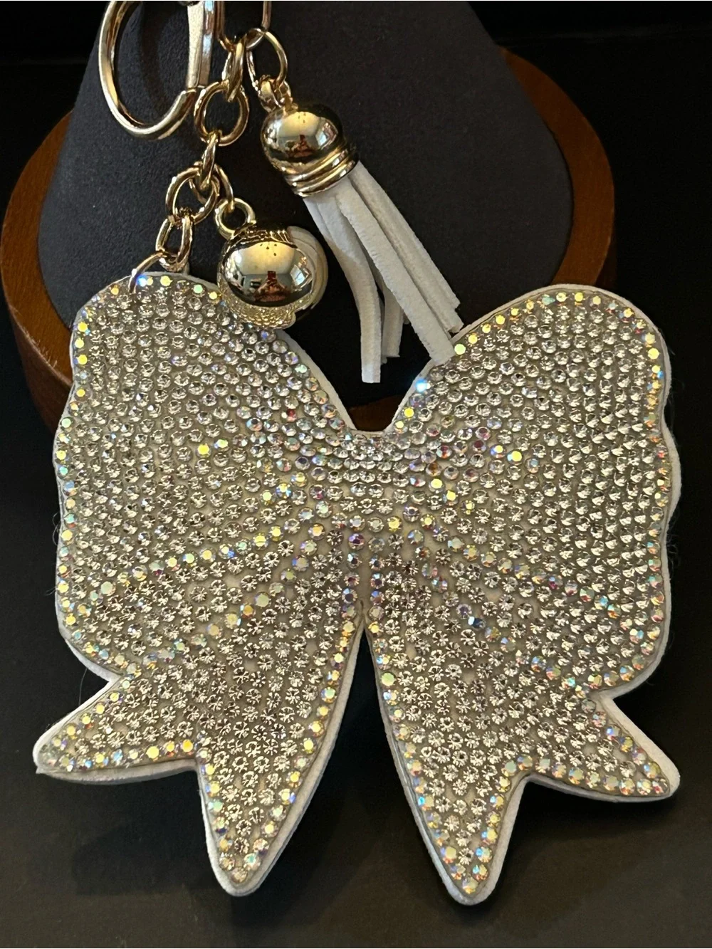 PREMIUM Puffy Off-White Crystal Bow Bag Charm Keychain w/Gold Accents
